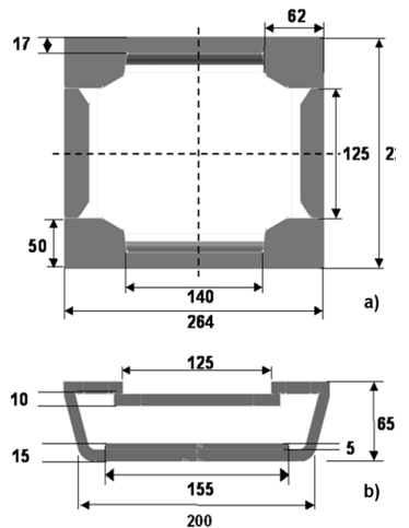 شکل 5-ابعاد هندسی TI-D (mm): الف) نمای پلان بالا و ب) نمای جانبی. جهت بارگزاری و بررسی بازدارنده توربولانس در تاندیش
