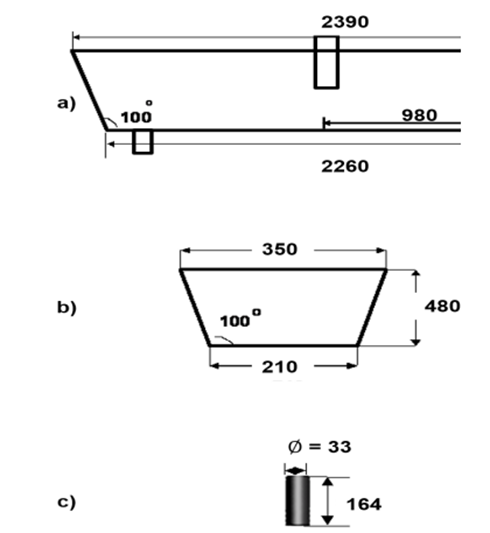 شکل 1-ابعاد هندسی تاندیش آزمایشی در مقیاس 1/3 (mm): الف) نمای عمودی، ب) نمای جانبی، ج) طول SEN جهت پایش بازدارنده توربولانس در تاندیش