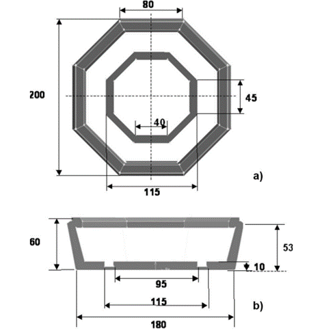 شکل 4-ابعاد هندسی TI-C (mm): الف) نمای پلان بالا، ب) نمای جانبی.جهت بارگزاری و بررسی بازدارنده توربولانس در تاندیش