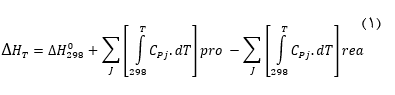 معادله گرمای واکنش هیدروژن تولیدی با ریفورمر تیوب در دمای T در راستای بررسی مصرف انرژی در ریفورمر تیوب